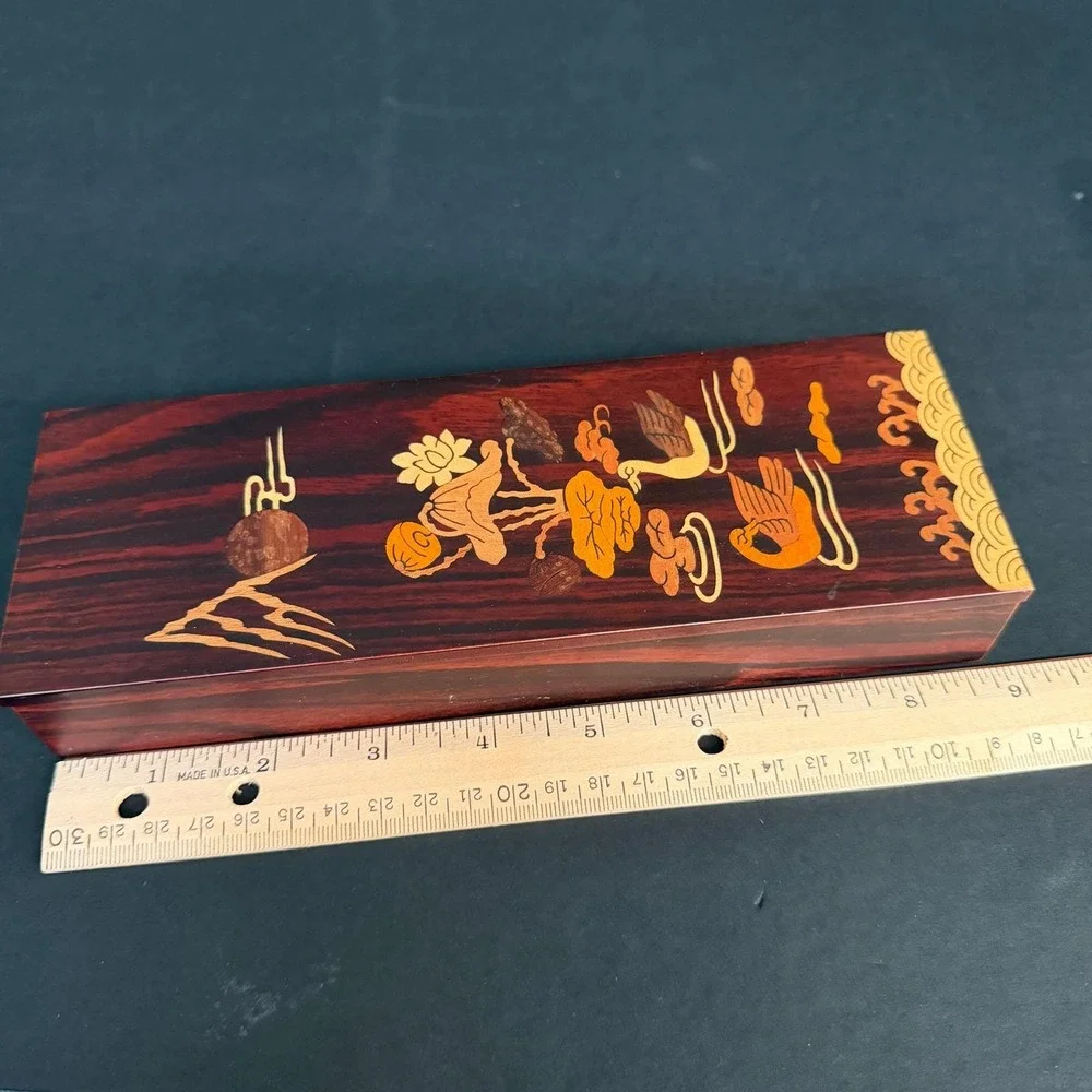 Vintage Korean Inlay Wood Box KICAC‎ Duck/Crane Marquetry Red Velvet RARE
